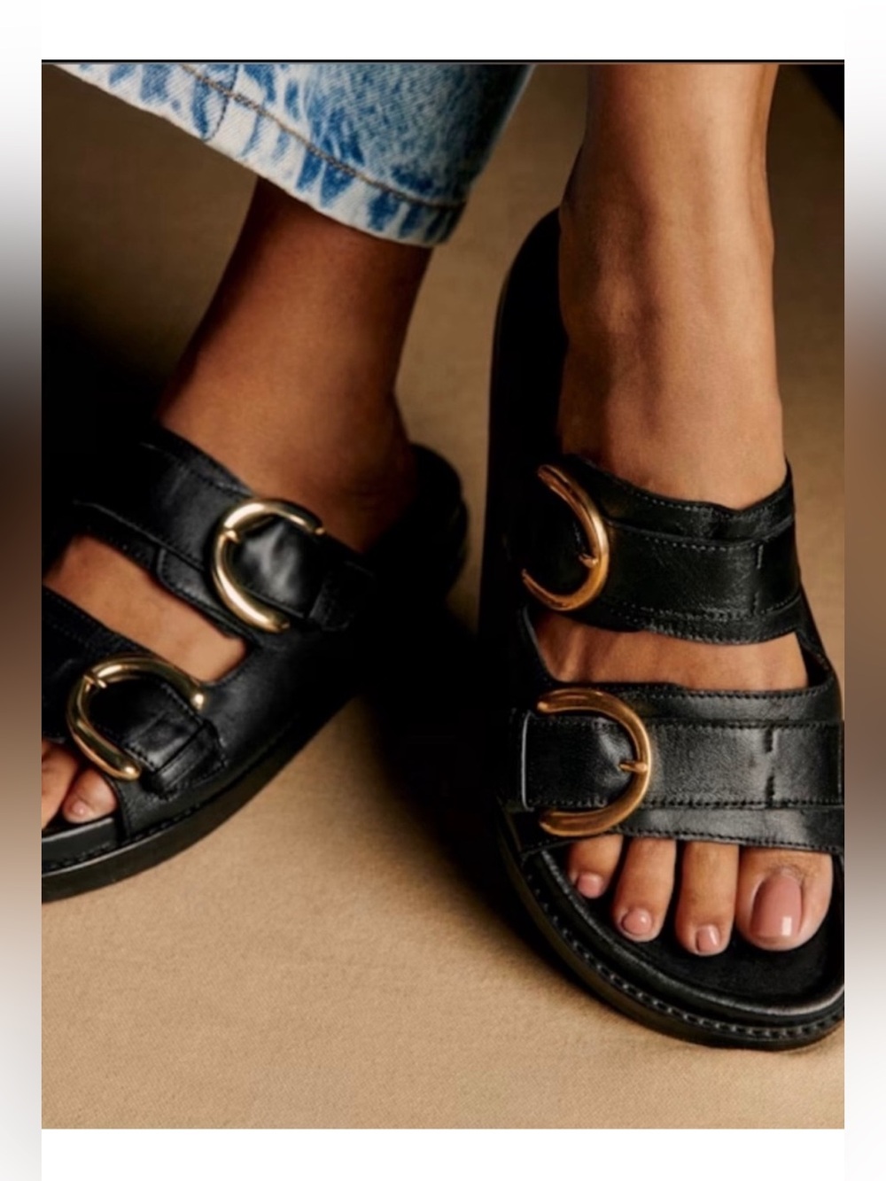 Sezane Black Leather Double-Buckle Slide Sandals with Gold Hardware